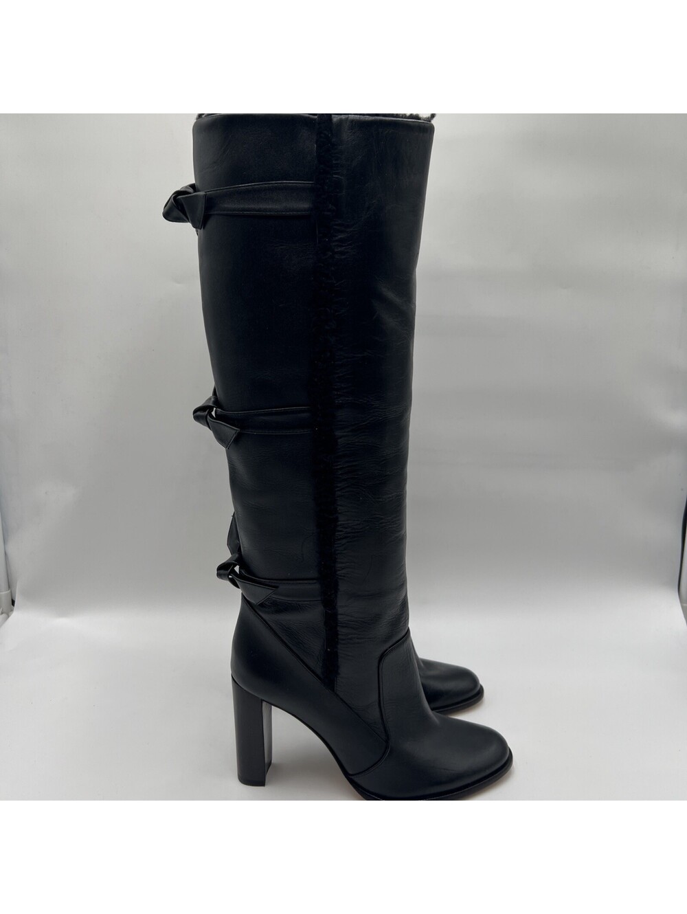 Alexandre Birman Ovis Aries black shearling knotted leather tall boots 37.5